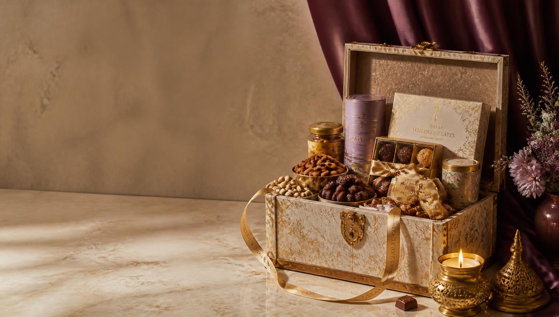 Luxury ivory and gold gift trunk filled with chocolates, dry fruits and a candle