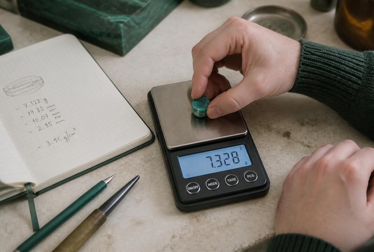 Hands weighing a small handcrafted object on a precision scale beside a notebook of measurements
