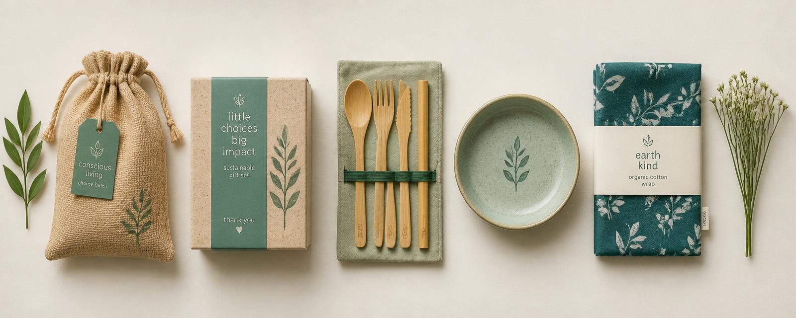 Flat-lay of low-carbon gifting products: jute pouch, recycled paper box, bamboo utensils, ceramic dish and cotton wrap