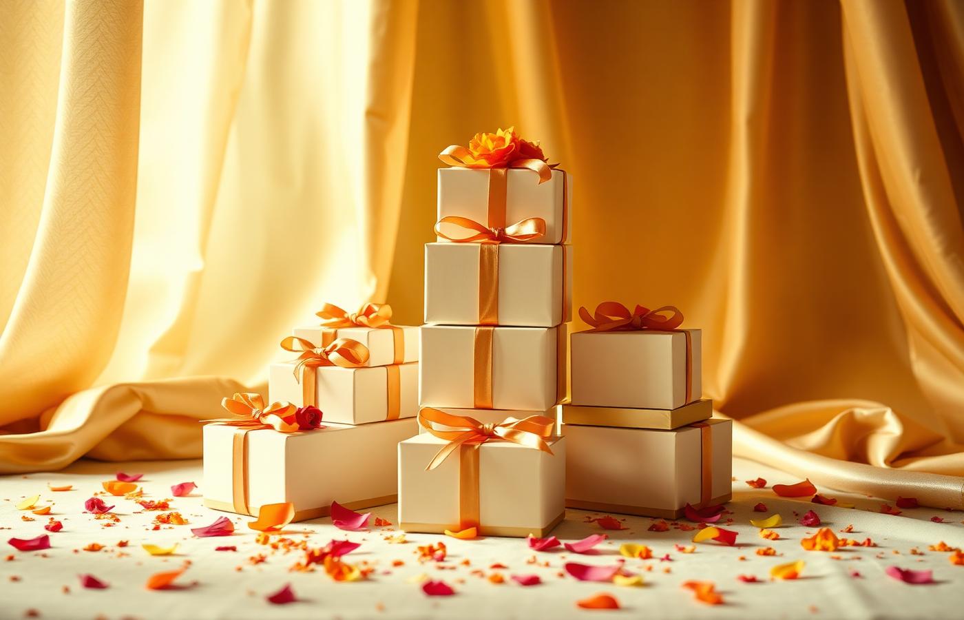 Stacked ivory and gold wedding favour boxes with petals